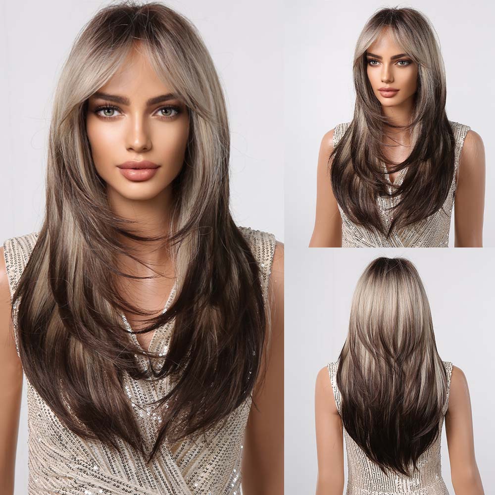 Platinum Ombre Synthetic Wigs for Women Long Wavy Silky Natural Hair Wig with Bangs Cosplay Party Heat Resistant Fake Hairs