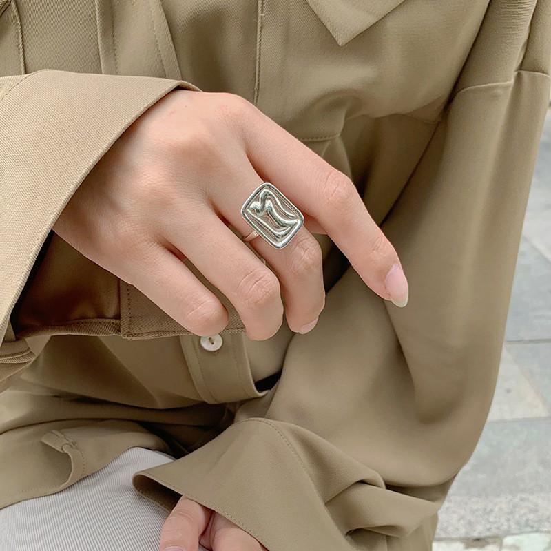 Korean Trendy 925 Silver Ring With Glossy Geometric Rectangle For Womens Style Elegant