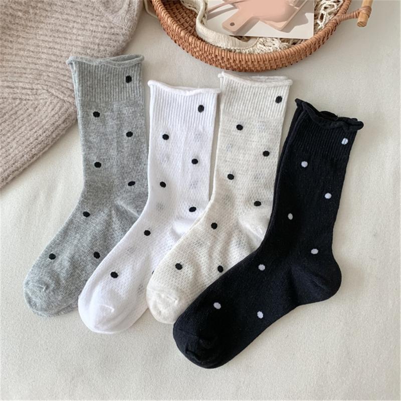 Womens Japanese Vintage Dots Pattern Cotton Middle Tube Calf Socks Hollow Out Breathable Mesh Thin Roll Cuffs Crew Socks