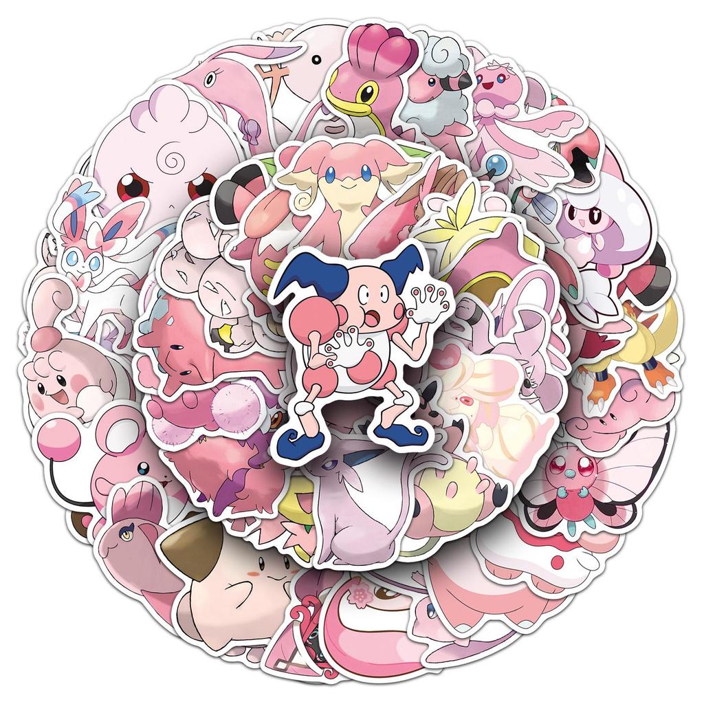 50 Pink Pokémon Anime Stickers for Notebooks, Luggage, and Skateboards