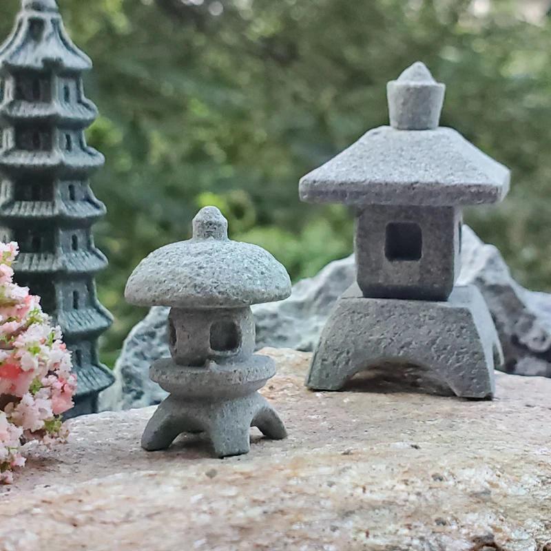 Gazebo retrô lanternas chinesas mini pagode modelo decoração pedra estátua em miniatura arenito acessórios para casa