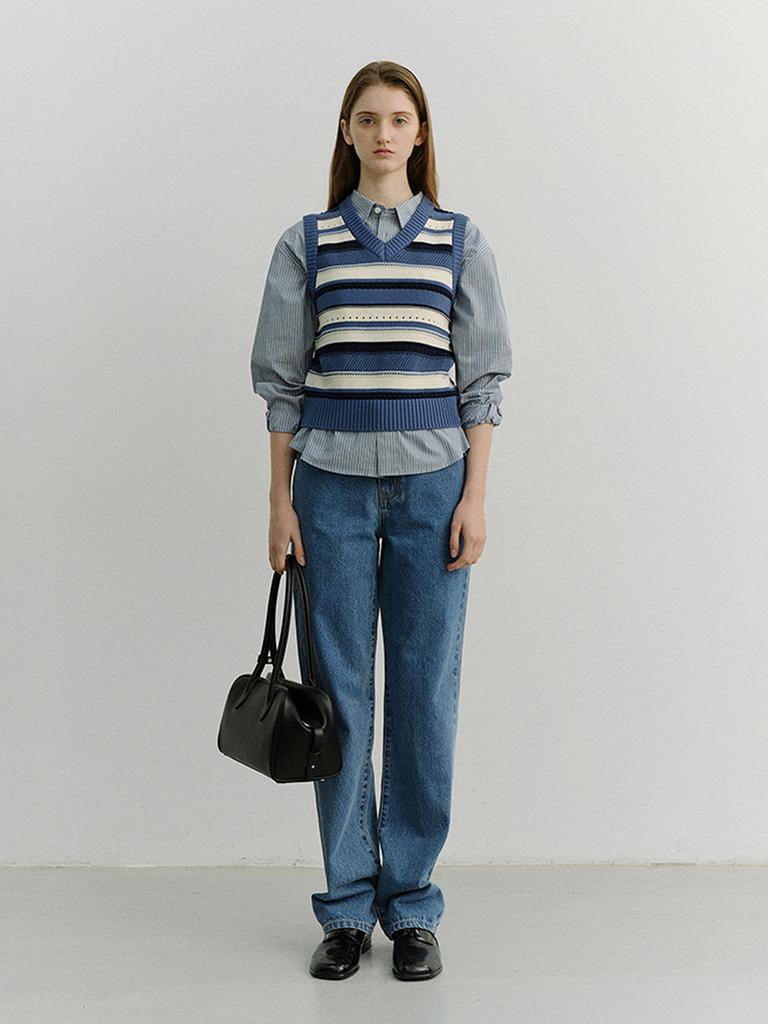 Deonseuteu Unisex Crafted Striped Knit Vest_Udsw6B123_Blue / Cream
