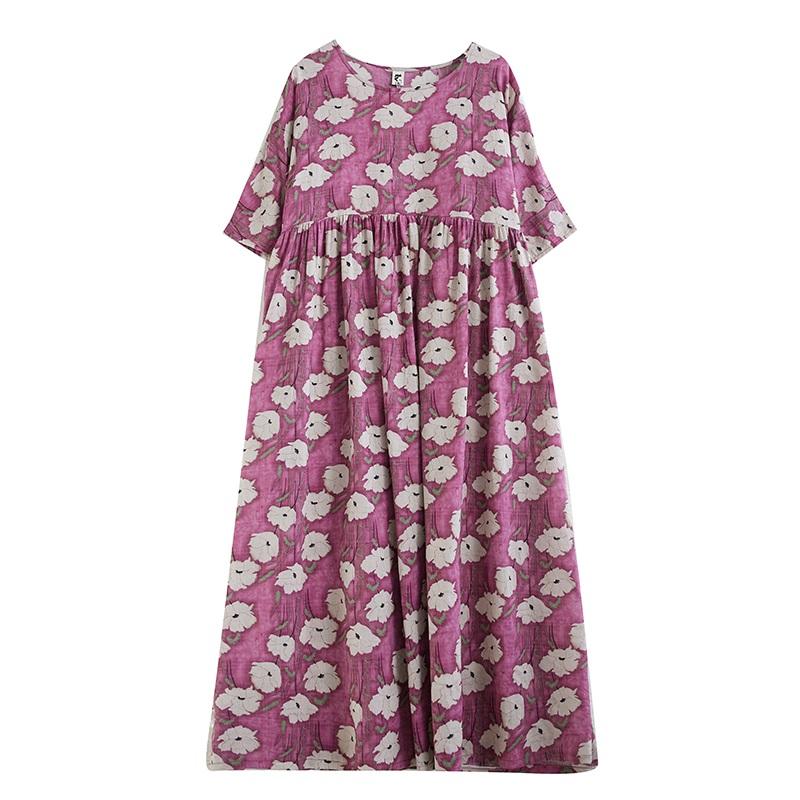 Κοντό μανίκι Plus size βαμβακερό vintage φλοράλ νέο σε φορέματα για γυναίκες casual χαλαρά μακρύ καλοκαίρι