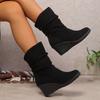Large Size Wedge Heel Folded Medium Boots Autumn Thick-soled Suede Stacking Boots Women