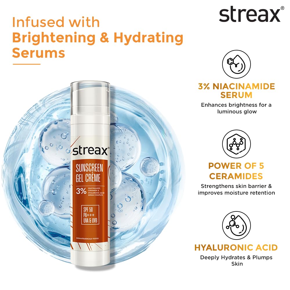 Streax Sonnencreme Gel-Creme LSF 50 PA+++ 50g Serum-infundiert Feuchtigkeitsspendend Aufhellend Nicht fettend Gesichtsschutz