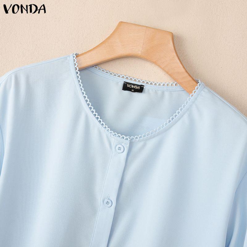 VONDA Summer Women Short Sleeve Lace Hem Casual Ruffled T-shirts Tops Blouse