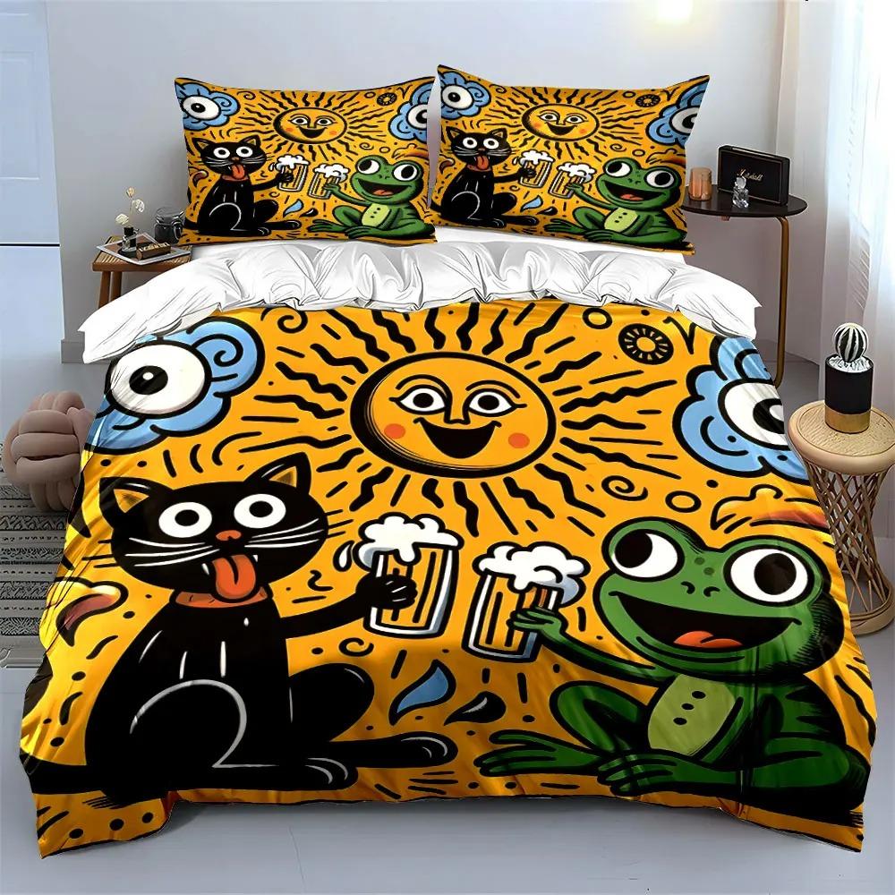 Black Cat and Frog Enjoying Beers Print Bedding Set Duvet Cover Pillowcase, 2/3Piece for Boys Girls Bedroom Decor Twin Full size