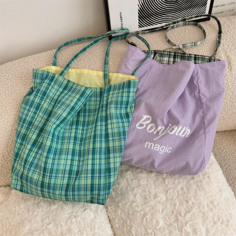 New Large-capacity Simple Shoulder Plaid Bag, Light Commuter Canvas Bag, Double-sided Dual-purpose Tote Bag