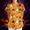 Women's Halloween Print Loose V-Neck Short Sleeve Pocket Uniform Top Scrub Costume Cosplay for Adult Women
