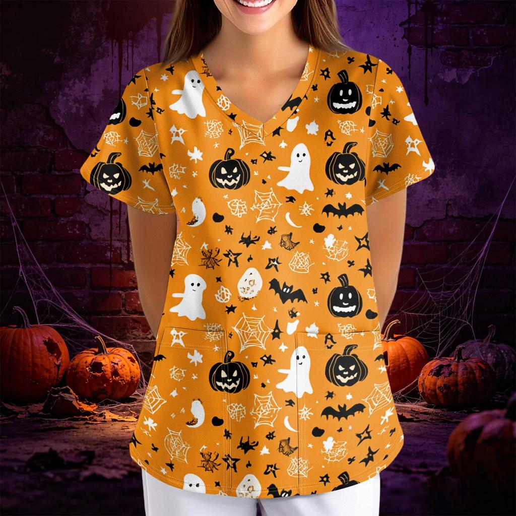 Women's Halloween Print Loose V-Neck Short Sleeve Pocket Uniform Top Scrub Costume Cosplay for Adult Women