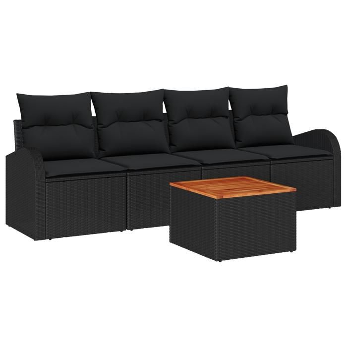 VidaXL Ensemble de canapé de jardin 5 pièces avec coussins Noir Poly Rotin Acacia 3356182