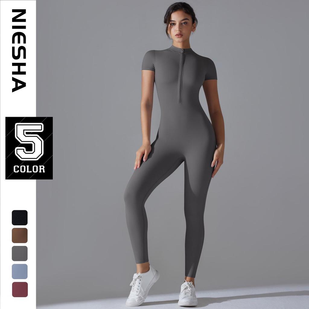 European-American Open-Neck Zipper Jumpsuit: Sexy, Tight-Fitting Short-Sleeve Dance & Yoga Bodysuit for Women