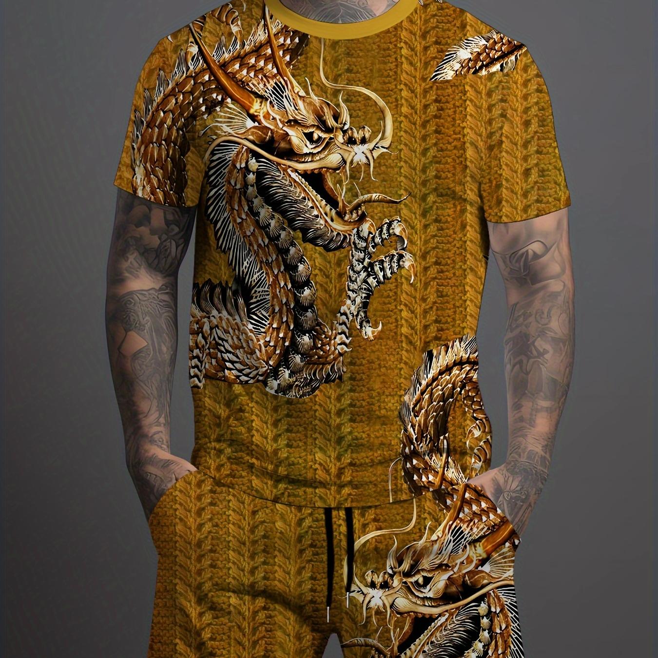 

Мужской комфортный комплект из двух предметов с принтом дракона: модная футболка с короткими рукавами и повседневные шорты с карманами на шнурке для летней уличной одежды L