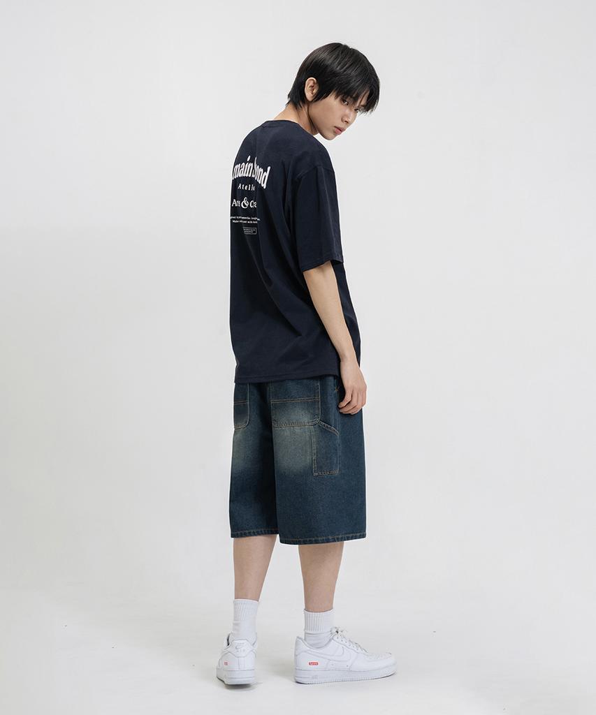 LEMAIN SECOND Bermuda Wide One-Pleat Carpenter Washed Denim Banding Shorts [Yellow Wash]
