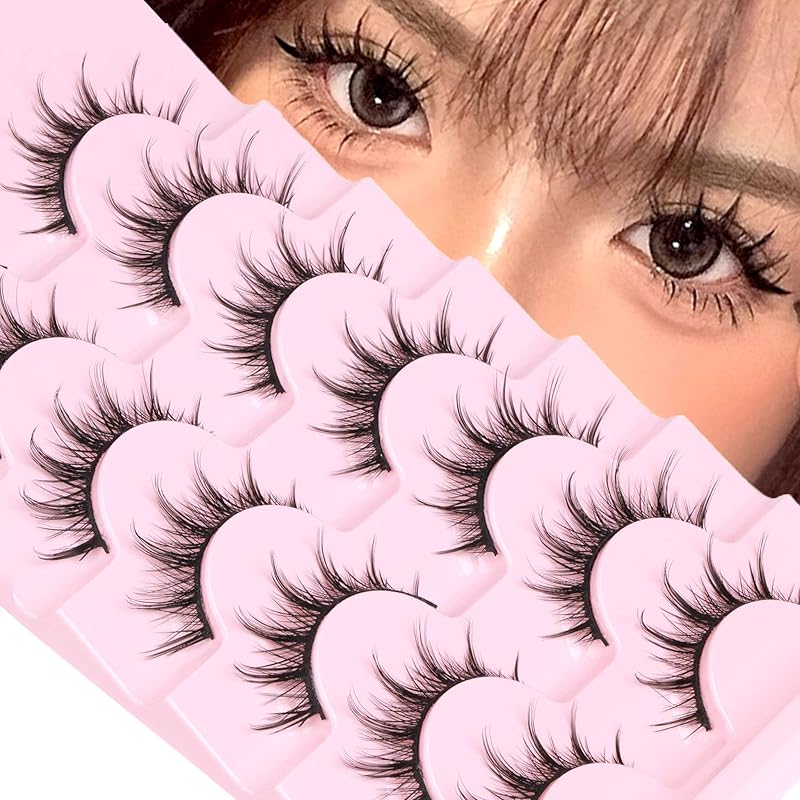 EYDEVRO False Eyelashes Fluffy Lashes D Curl Faux Mink Lashes Cat Eye Lashes Wispy Fake Lashes Fox Eye Manga Lashes Volume Strip Lashes 7 Pairs Pack