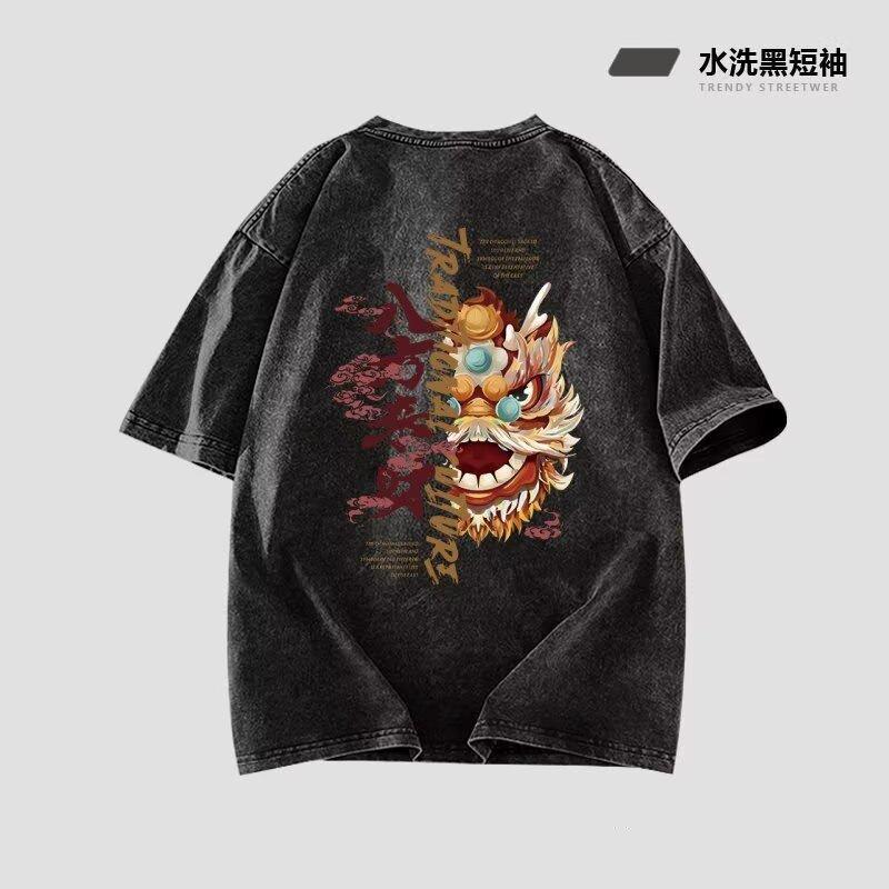 Национальный тренд Пробуди льва Принт Футболка с коротким рукавом в китайском стиле Мужская Летняя Новая Тенденция Повседневные и Универсальные Топы Одежда M серый 1119₽