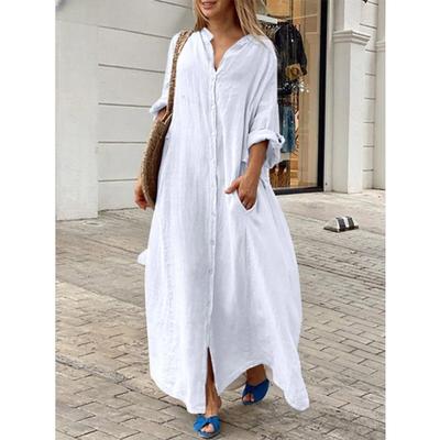 Spring Autumn Stand Collar Cotton Linen Casual Fashion Robe Women Long Sleeve Vintage Solid Shirt Dress Vestidos