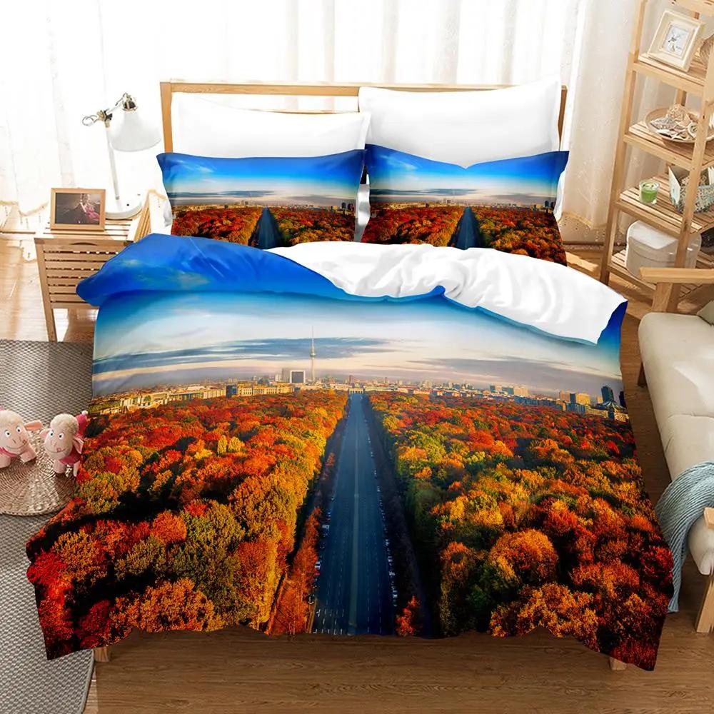Beauty Tree Road Bettbezug-Set Landschaft Bettwäsche-Set Doppelgröße Queen-Size King-Size, Baumstraße Himmel Bett-Set Aldult Teen Schlafzimmerdeko