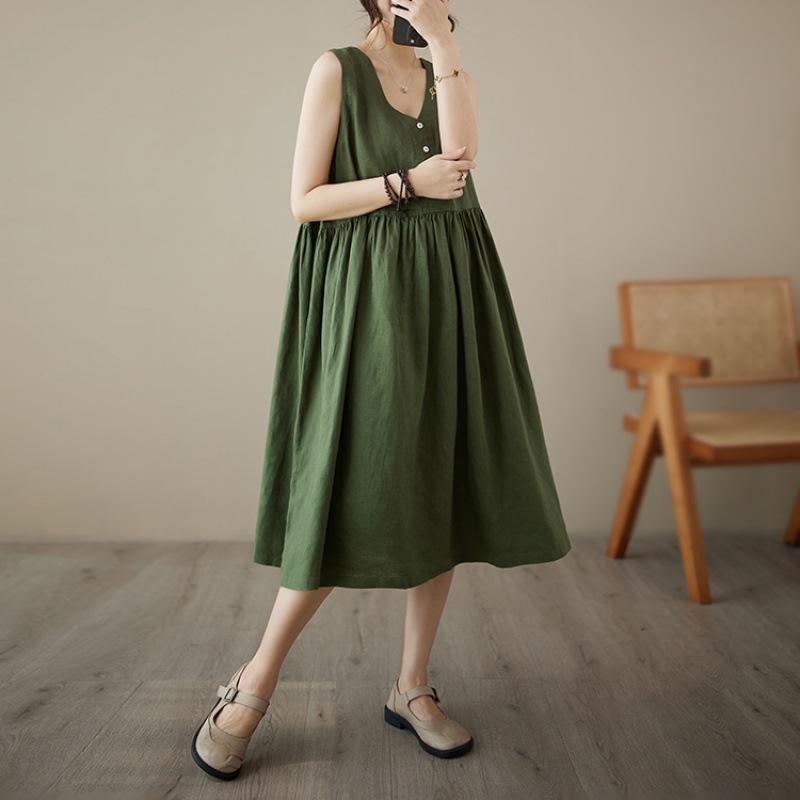 

Dress idyllic Nordic foreign trade brocade cotton sleeveless thin dress linen slim-fitting vest skirt summer dress M темно-зеленого