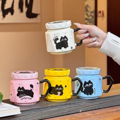 Roztomilý kreslený černý kočka hrnek suvenýr Vysoce vypadající kancelářský hrnek na vodu s víčkem Hrnček Keramický hrnek pro dívky