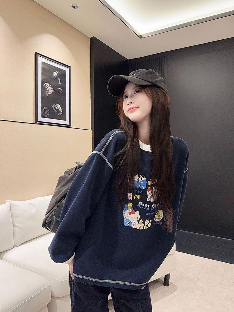 Women's 2025 Korean Style Cartoon Print Round Neck Sweatshirt - Autumn/Winter Velvet Loose Fit