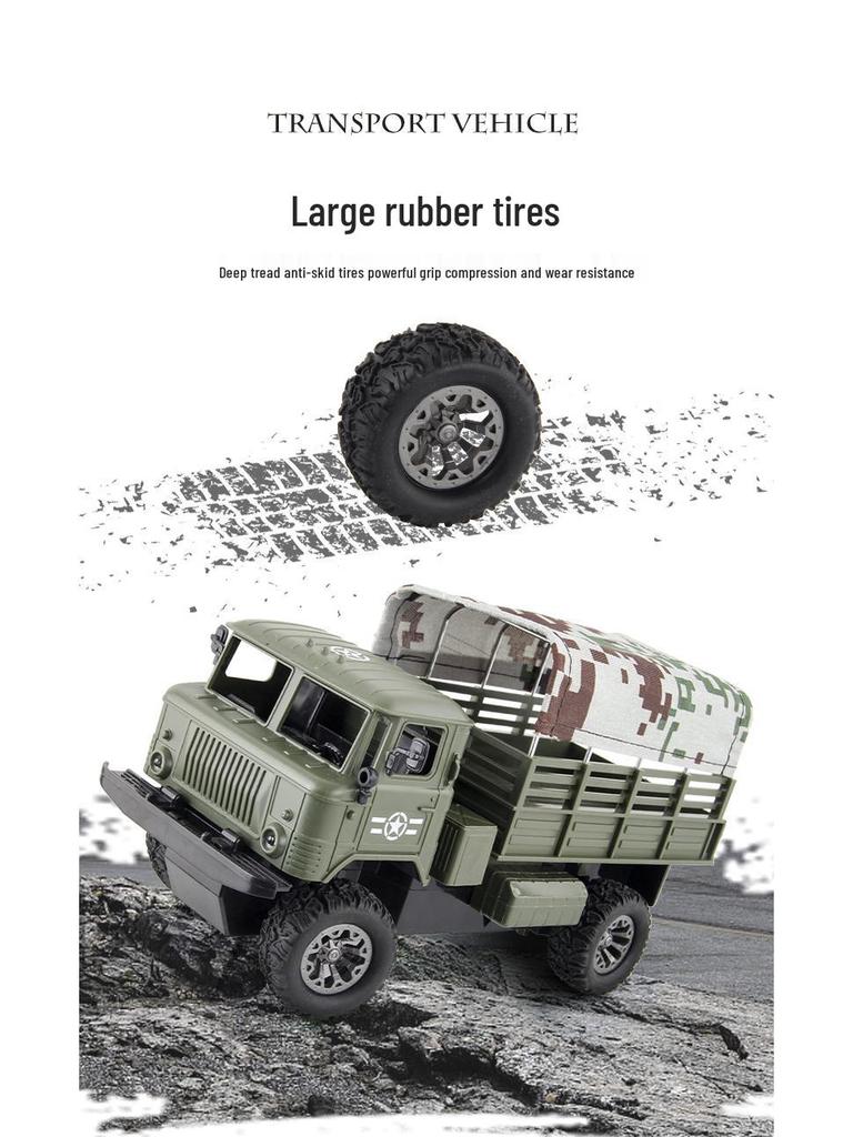 Four-Wheel Drive RC Military Transport Vehicle with USB Charging, LED Lights, and Climbing Rubber Tires
