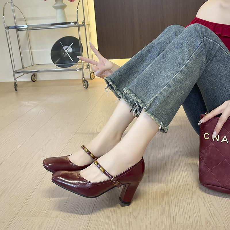 High heels women's square head thick heel commuting single shoes simple and versatile one-word belt beautiful single shoes