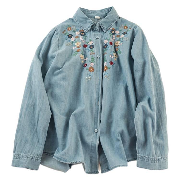 Women's Retro Cartoon Embroidered Cotton Denim Shirt - Long Sleeve, Casual Top for Spring/Autumn 2025