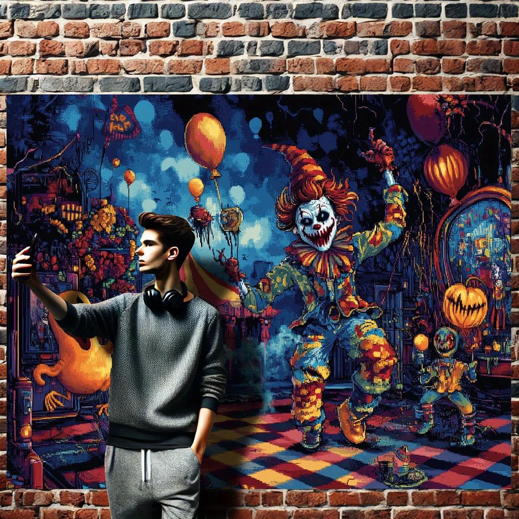 1 Surreal Clown Carnival Scene Party Banner - with a Colorful Polyester Fabric Background, Halloween Decoration
