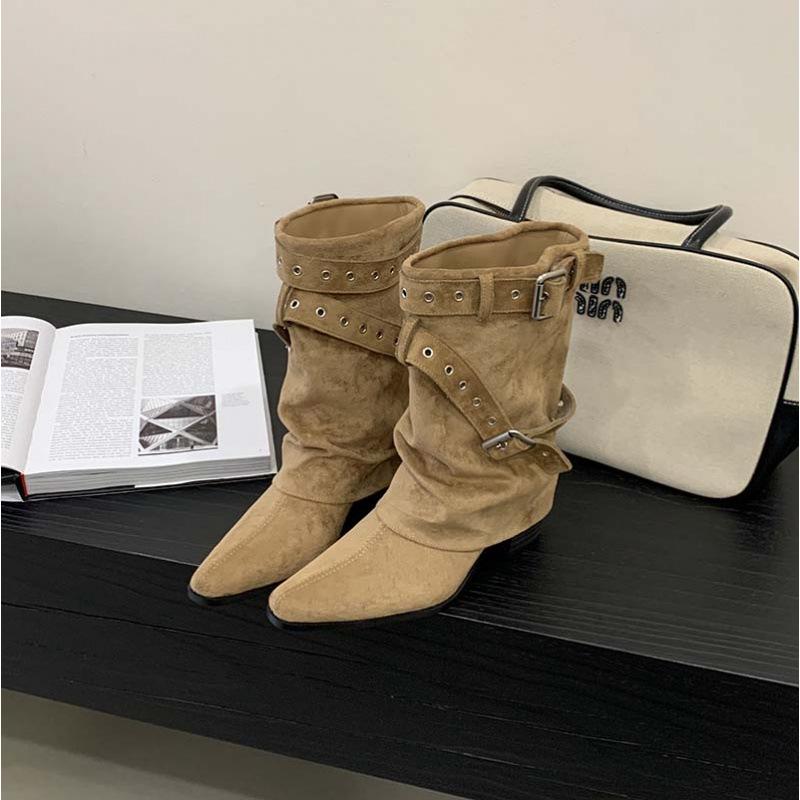 2025 New Retro Pointed Thin Boots Belt Buckle Thin But Knee Pile Boots Women's Versatile Thick Heel Mid Boots
