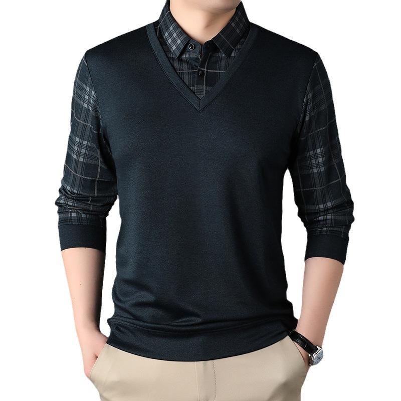 Dad's Spring and Autumn Long-sleeved T-shirts, Middle-aged and Elderly Men's Casual Pullover Bottoming Shirts, Autumn Holiday Two-piece Tops