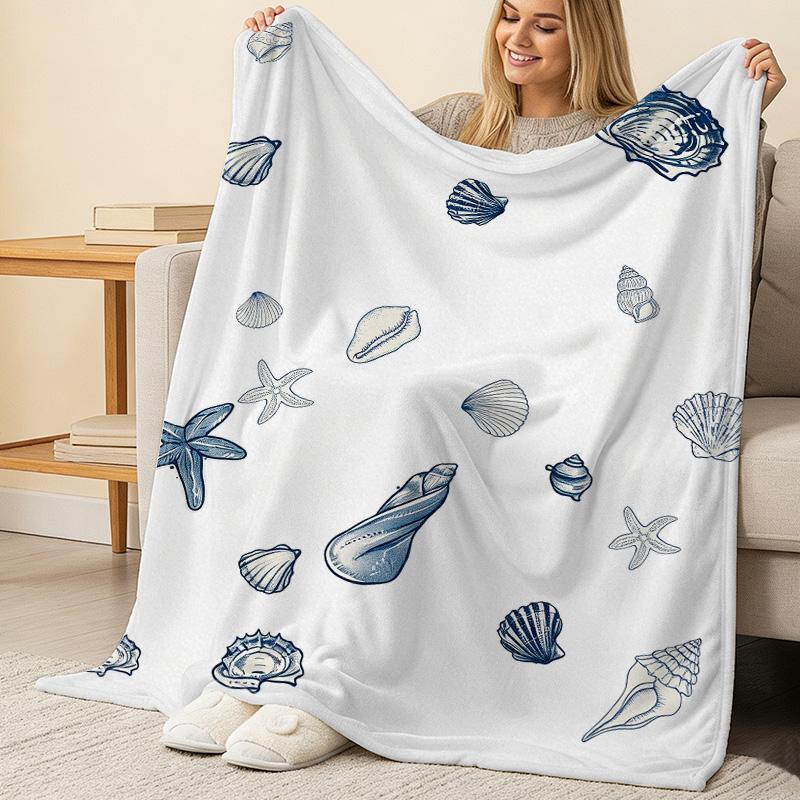 Multifunctional Non-Shedding Flannel Blanket, Ocean Shell & Starfish Pattern, Soft Warm Throw for Sofa, Bed, Cozy Home Use, Christmas & Halloween