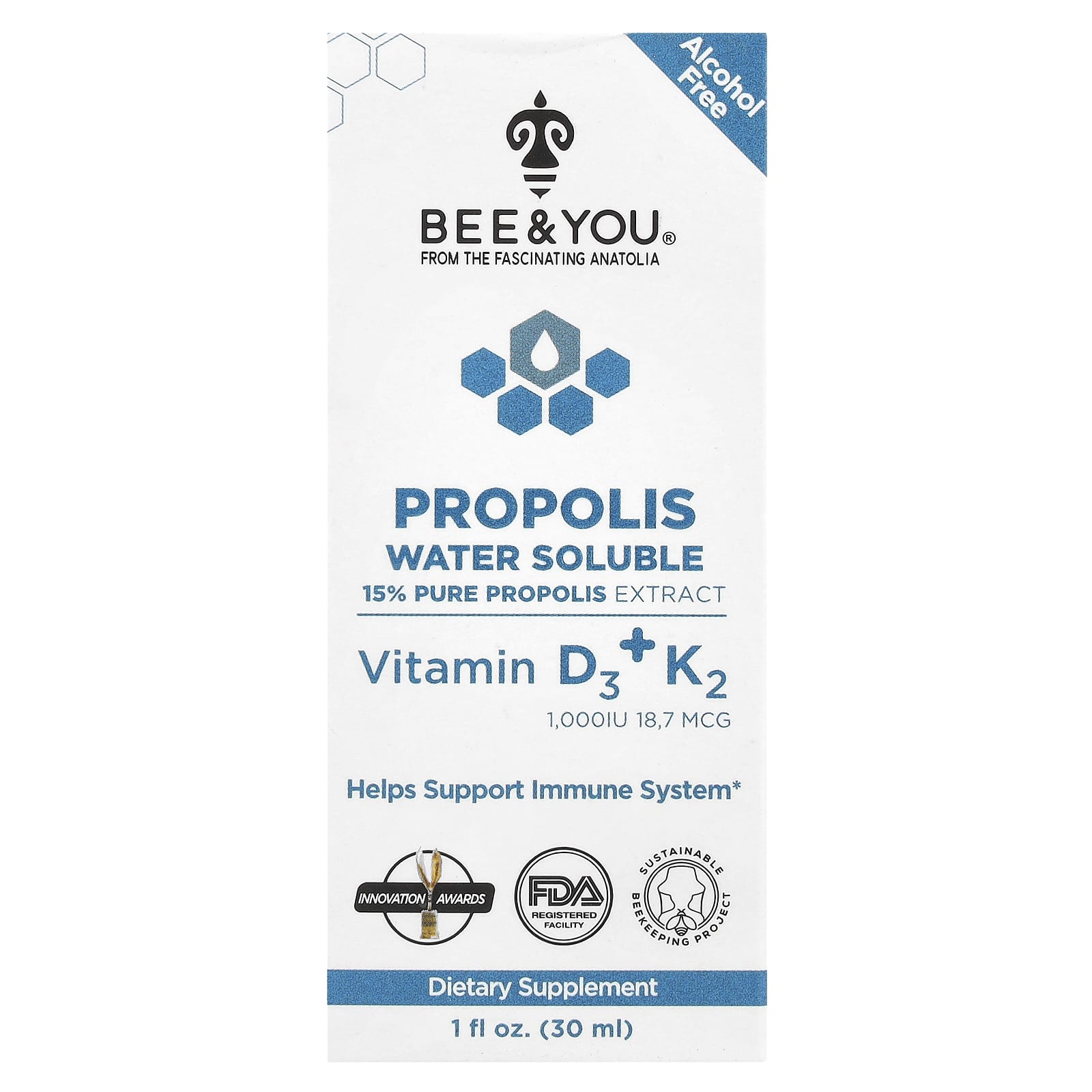 

Bee & You, Propolis Water Soluble, Vitamin D3 + K2, 30Ml(1Fl Oz)