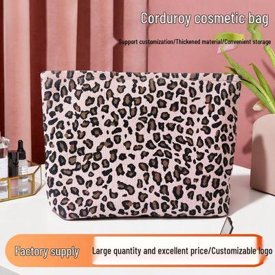Borsa Cosmetica e da Toilette in Velluto a Coste con Stampa Leopardo - Pochette Portatile di Grande Capacità
