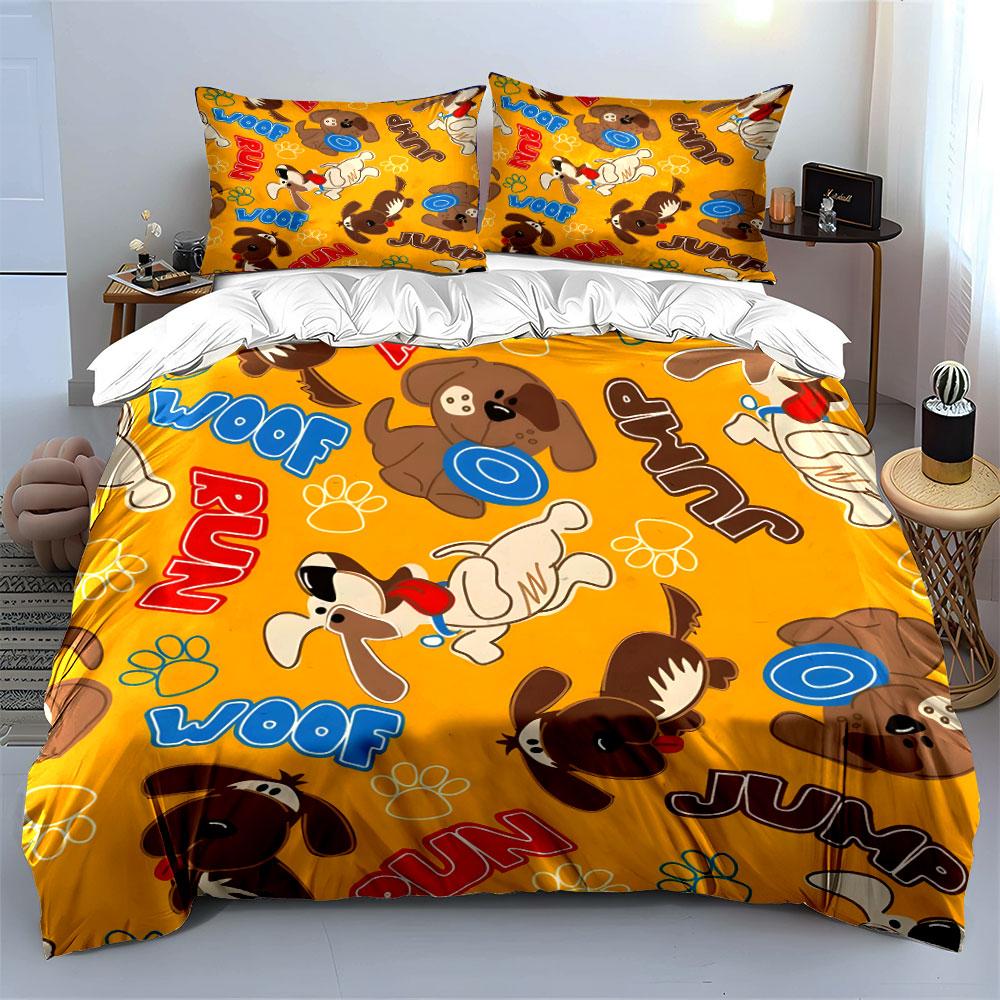 Cartoon Dogs Woof Run Jump Pattern Bedding Duvet Cover Set (1*Duvet Cover 2*Pillowcases, without duvet insert)