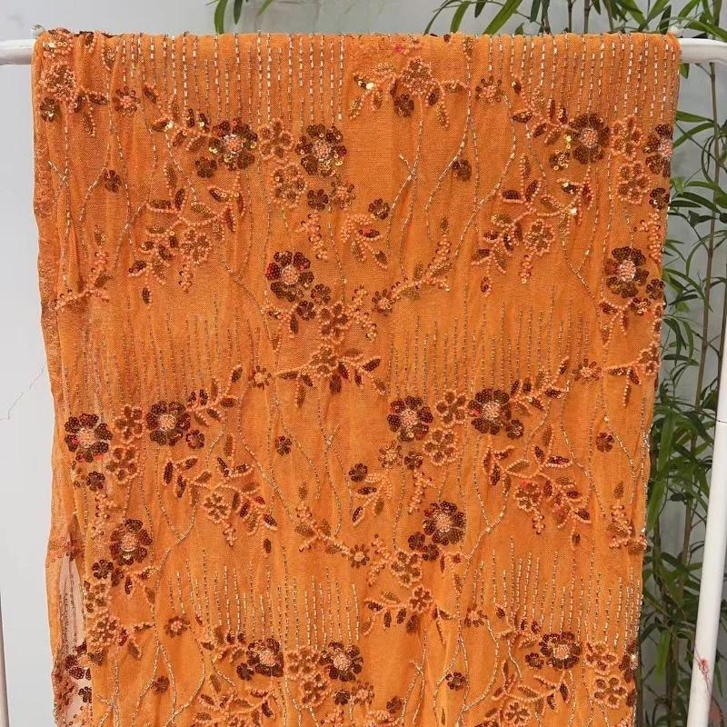Elegant Beads Sequins Lace Fabric Sequins Embroidered Lace Fabric Diamond Fringe Wedding Dress Material for Clothing