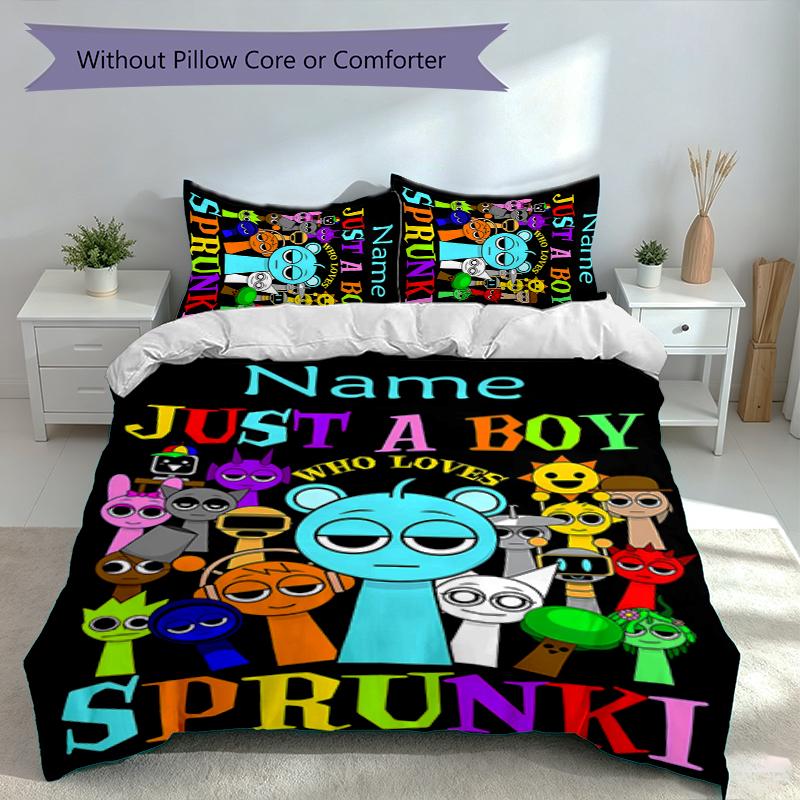 3pcs Custom Name Game Sprunki Set,Includes 1 Duvet Cover and 2 Pillowcases,All-season Bedroom Decor