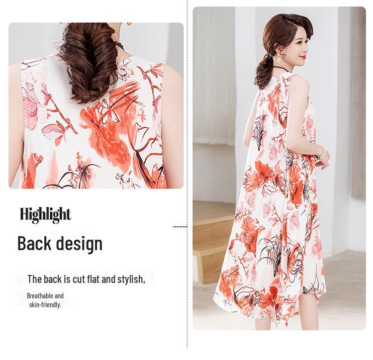 Sleeveless Silk Cotton Dress for Middle-Aged Mothers - Slim Fit, Large Size, Beach Dress for Summer