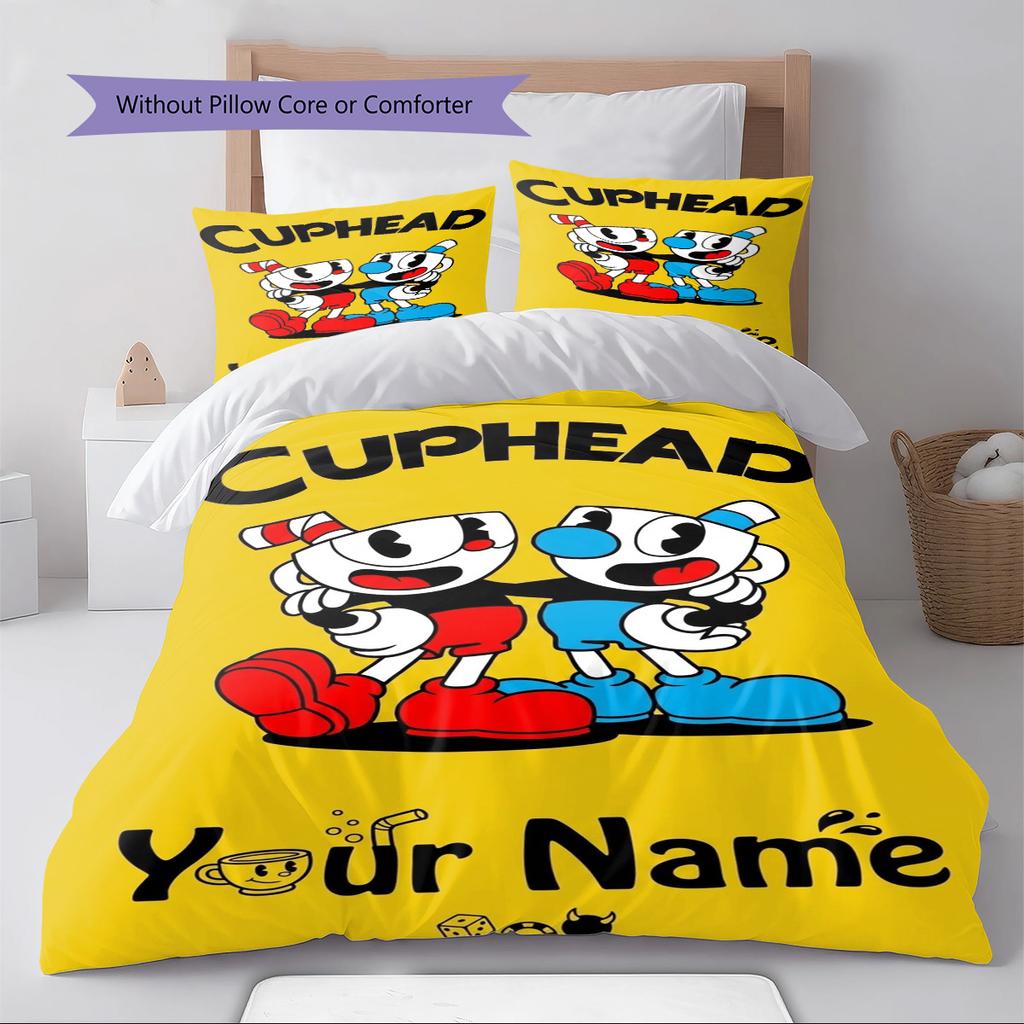 Name Custom Cuphead Game Pattern Bedding Set Quilt Cover Pillowcase Home Decor Gift (1 * duvet cover + 2 * pillowcase, without core)