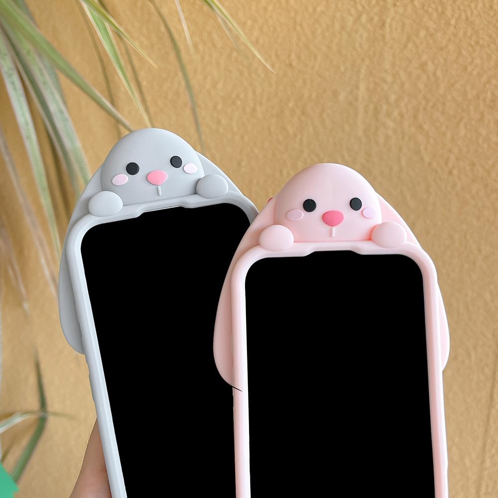 Kawaii 3D Cartoon Benny Rabbit Case For iPhone 16 15 14 13 12 Pro Max Soft Silicone Cover With Hairball Tail Holder
