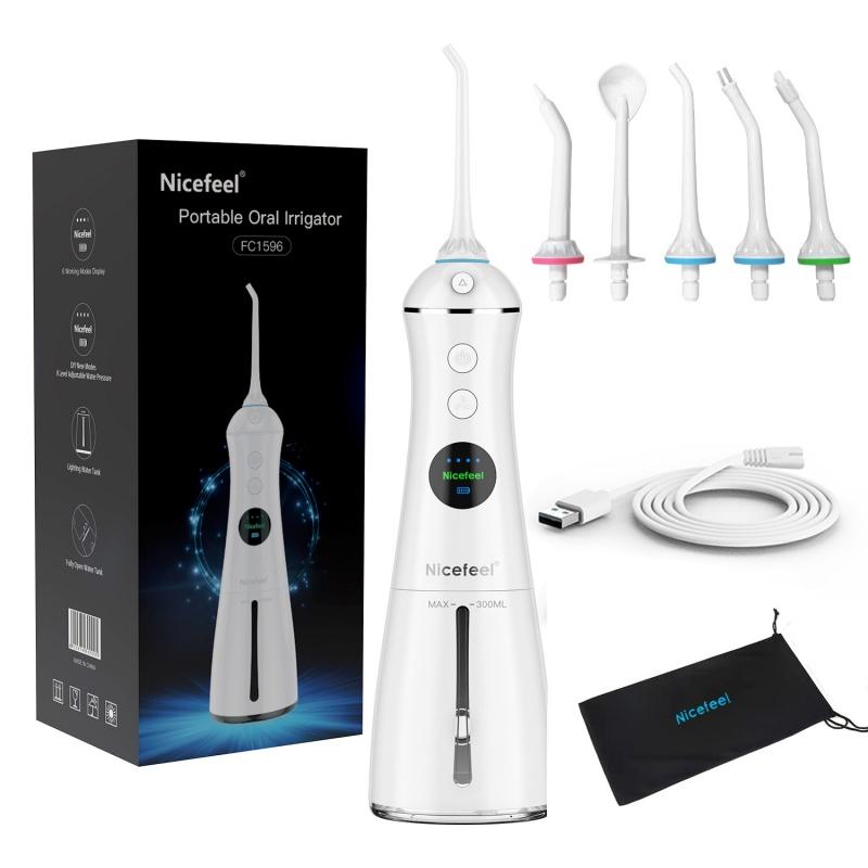 

Oral Irrigator Dental Water Flosser LED Display Screen Waterproof Dental Water Jet Floss 300ML Water Tank 6 Modes 5 Nozzles