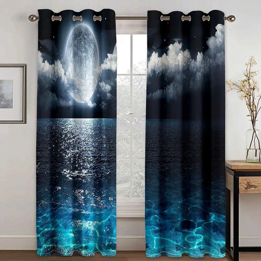 The Beach In The Moonlight Scenery Mediterrane High Shading Curtain Natural Scenery Living Room Curtain Bedroom Decor 2 Pieces