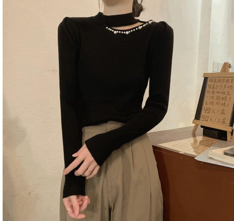 Long-sleeved hollow semi-turtleneck knitted bottoming shirt for women's autumn and winter new slim-fitting and thin design pullover sweater top