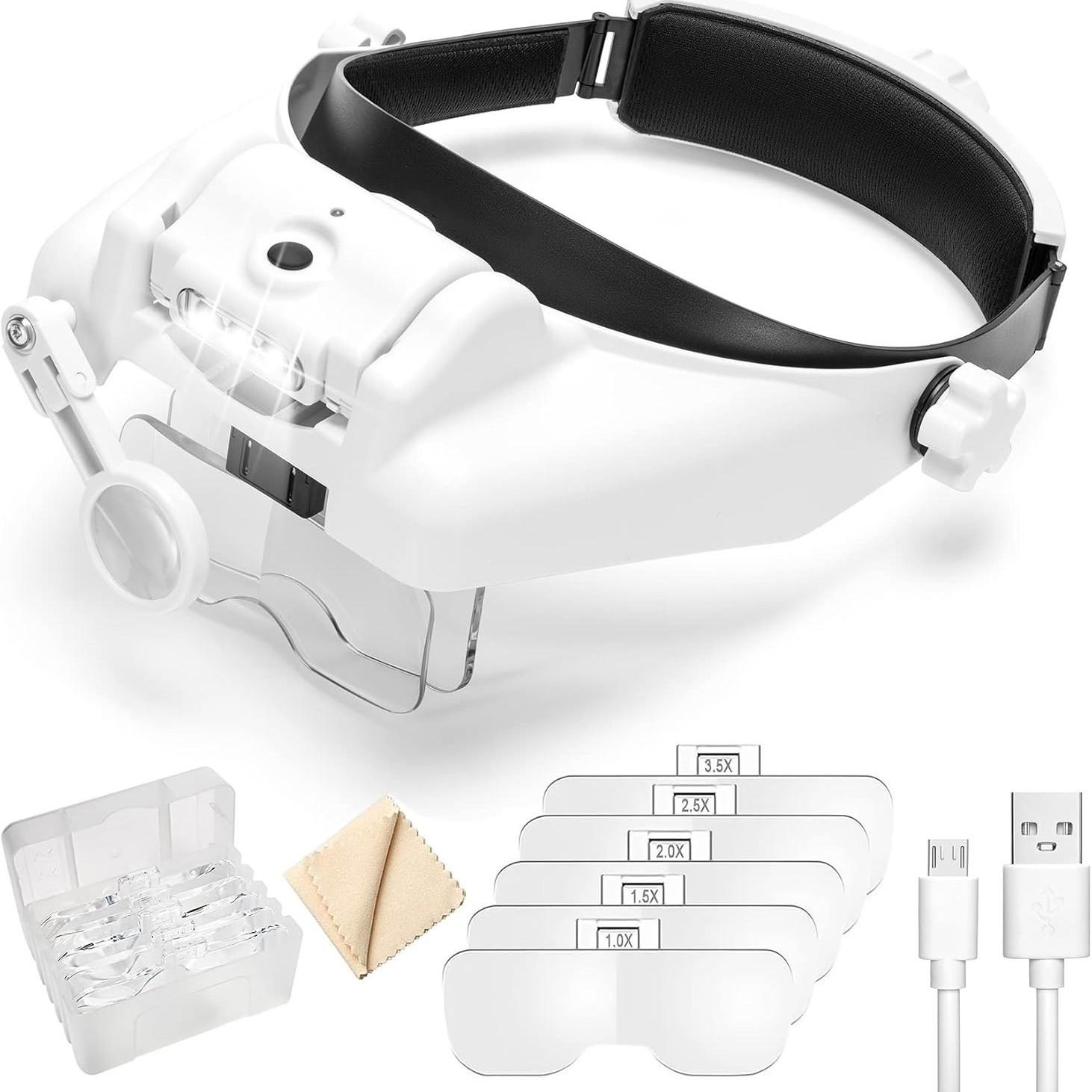 

Налобна лупа з 3 світлодіодами та кількома збільшеннями, заряджання через USB білий