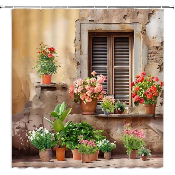 Italian Shower Curtain Rustic Potted European Italy City Town Style Spring Green Plants Garden Vintage Windows Mediterranean Greece Bathroom Curtain