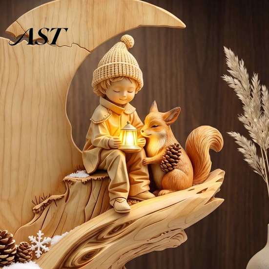 Fox Themed Sculptures Fairy Tale Little Boy and Wooden Figurine, Rustic Desktop Statue, Artistic Carved Wood Crafts Sculpture Ornament for Table Shelf