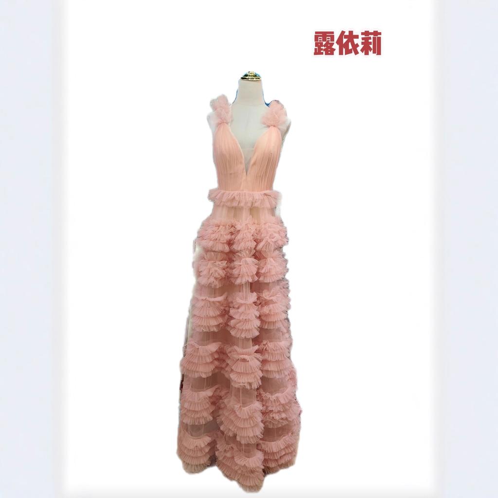 European and American exports sexy V-neck ruffle edge splicing pink cake long dress dress