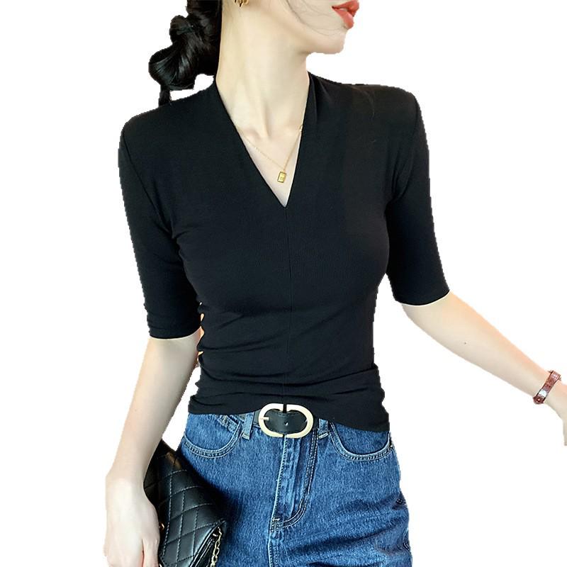 Women's Korean Style Black V-Neck Short Sleeve T-Shirt: Slimming Summer Fashion Top