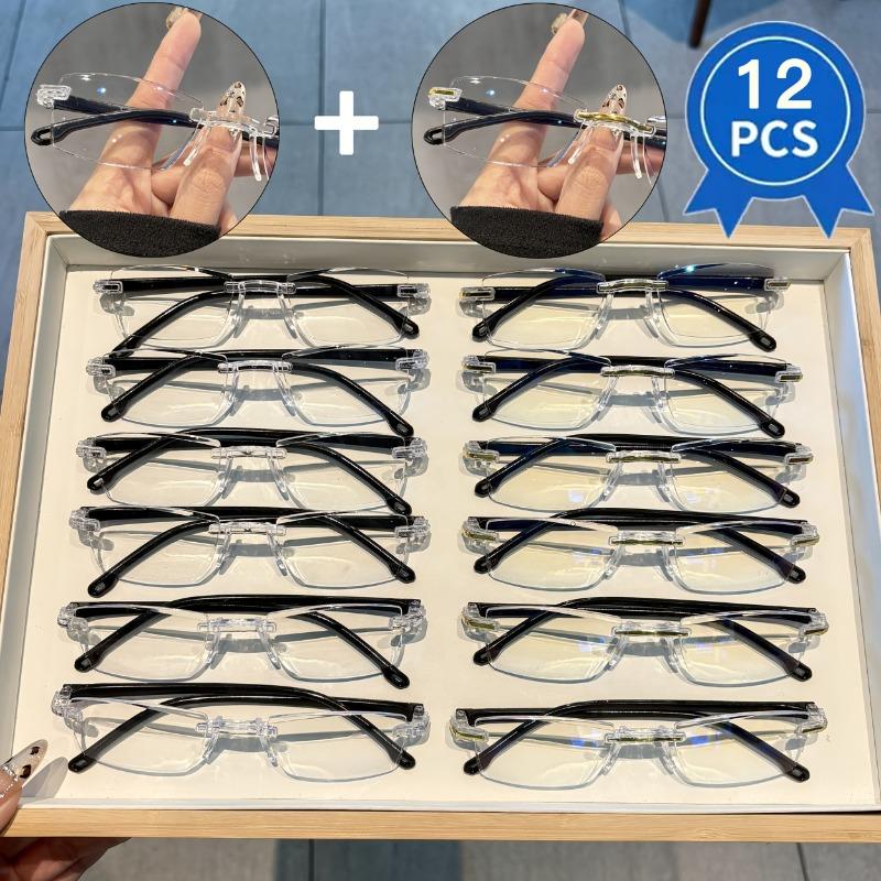 12pcs Elegant Rimless Reading Glasses for Women & Men Transparent Lightweight Plastic Frames with Golden Accents