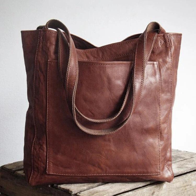 Retro Waxed Leather Women's Handbag - Soft, Large-Capacity, Fashionable Tote with Pockets and Single Shoulder Strap